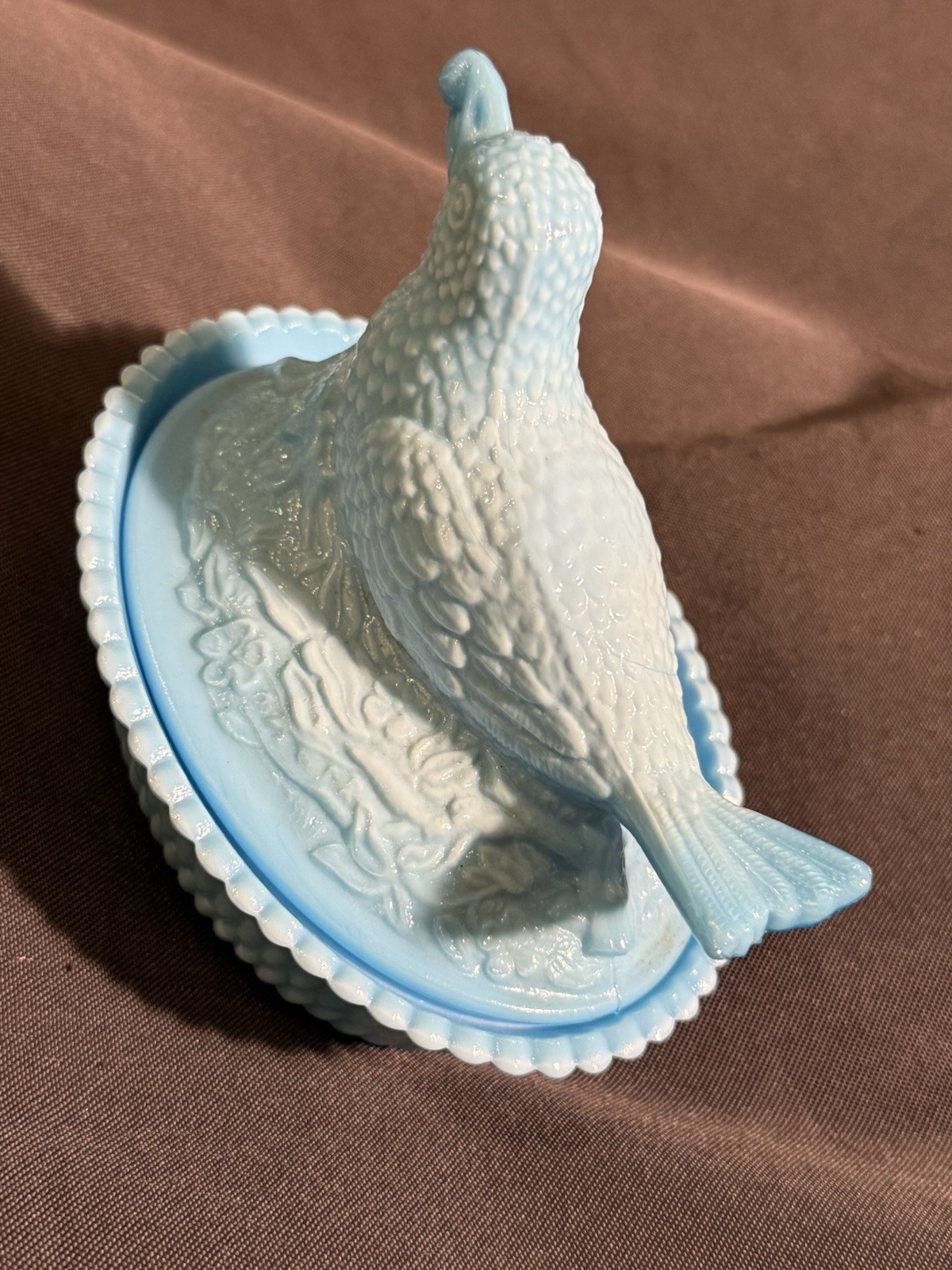 Vintage Summit Art Glass Light Blue Nesting Robin Nest Bird & Berry Covered Dish