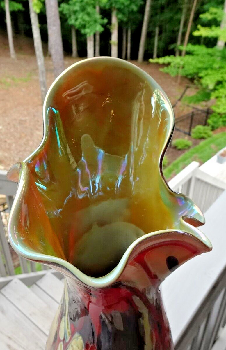 Signed Sy Dowling 14.5″ Freeform Studio Art Glass “Flambe” Vase 2014