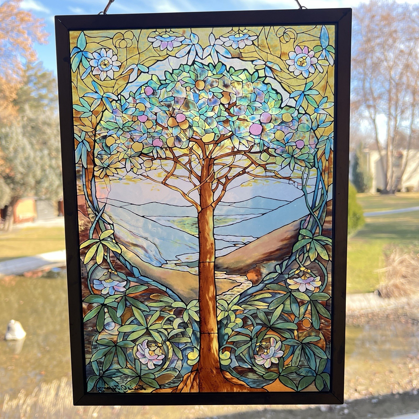 “Tree Of Life” Stained Glass Panel Signed Louis C. Tiffany. Reproduction. 13X9”