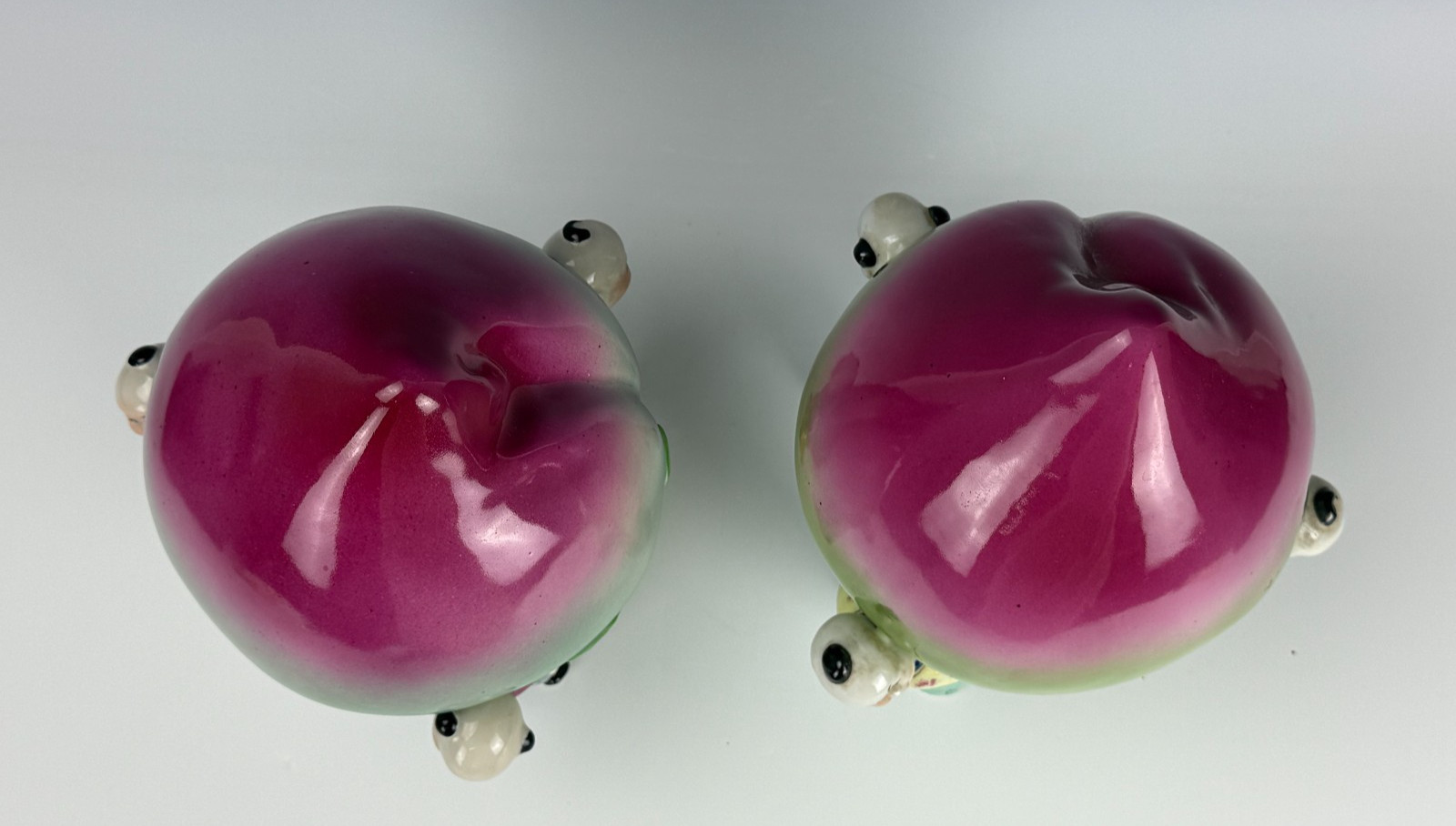 Vintage Pair Chinese Famille Rose Longevity Peach Figurine Support by Three Boy
