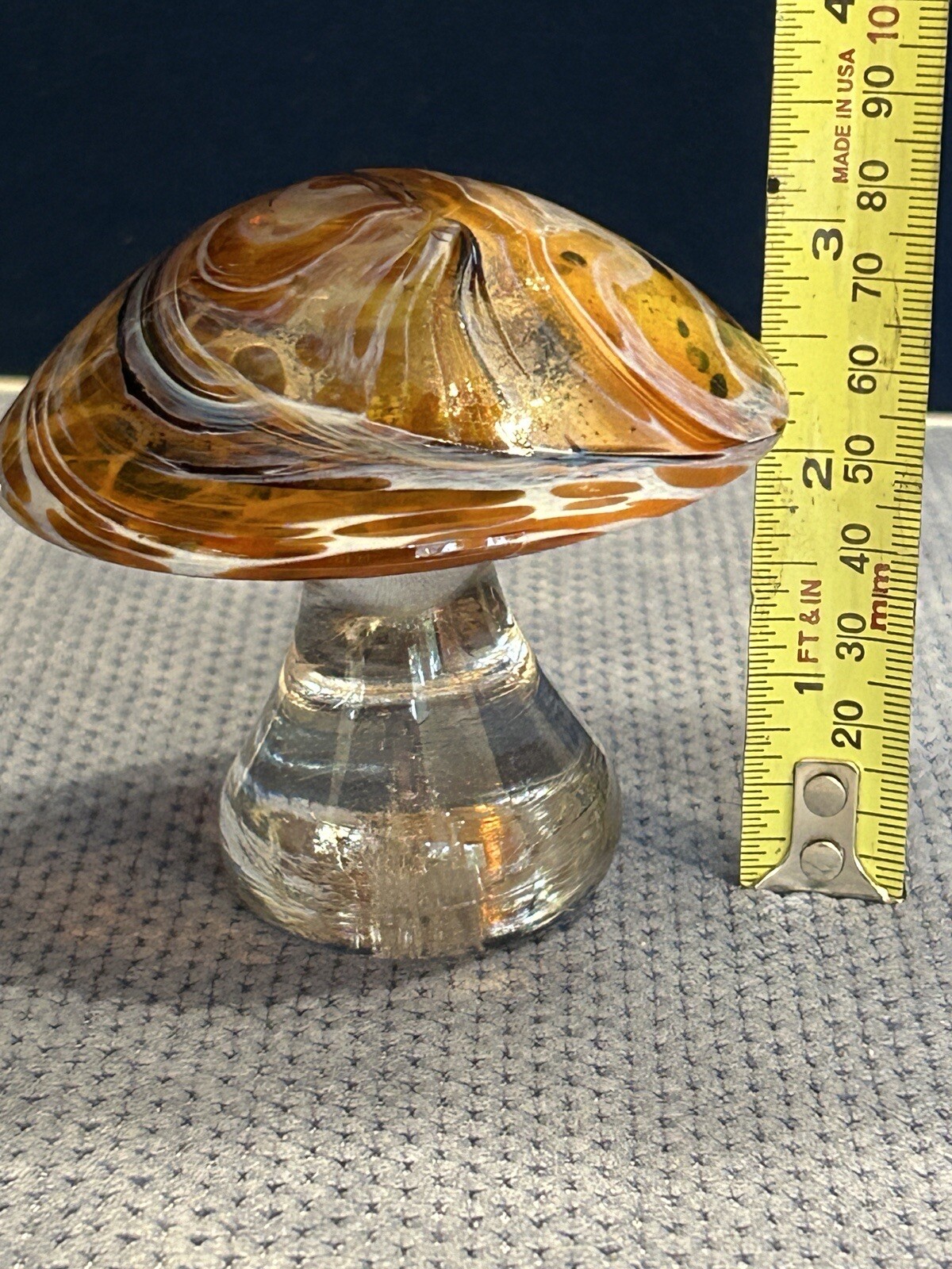 Vintage Art Glass Paper Weight Toadstool Mushroom Brown White 3.25 inches High
