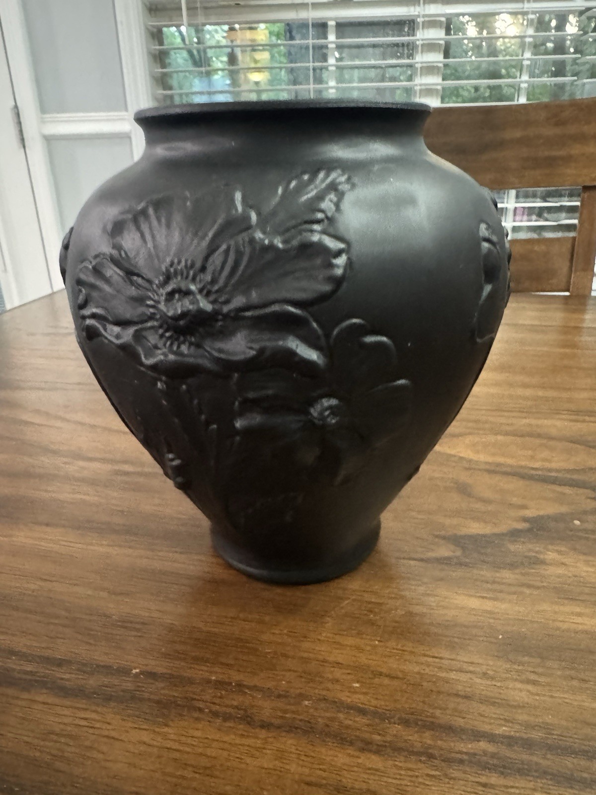 Vintage 1920s Tiffin Black Amethyst Glass Vase Poppy Design Art Nouveau 8.5”