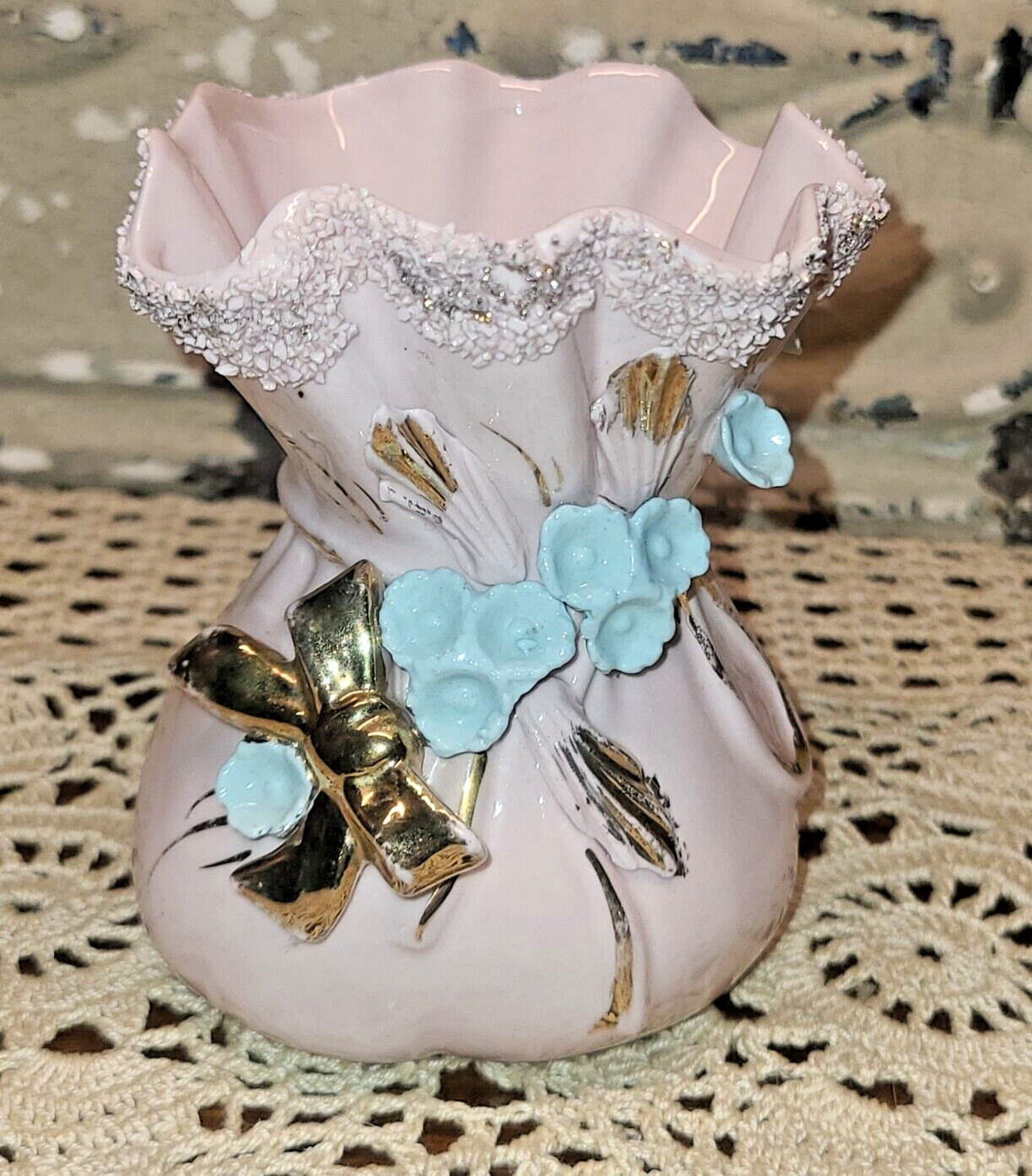 Vintage Hand Painted Drawstring Bag Lefton Vase #1H2242S Applied Flowers and Bow