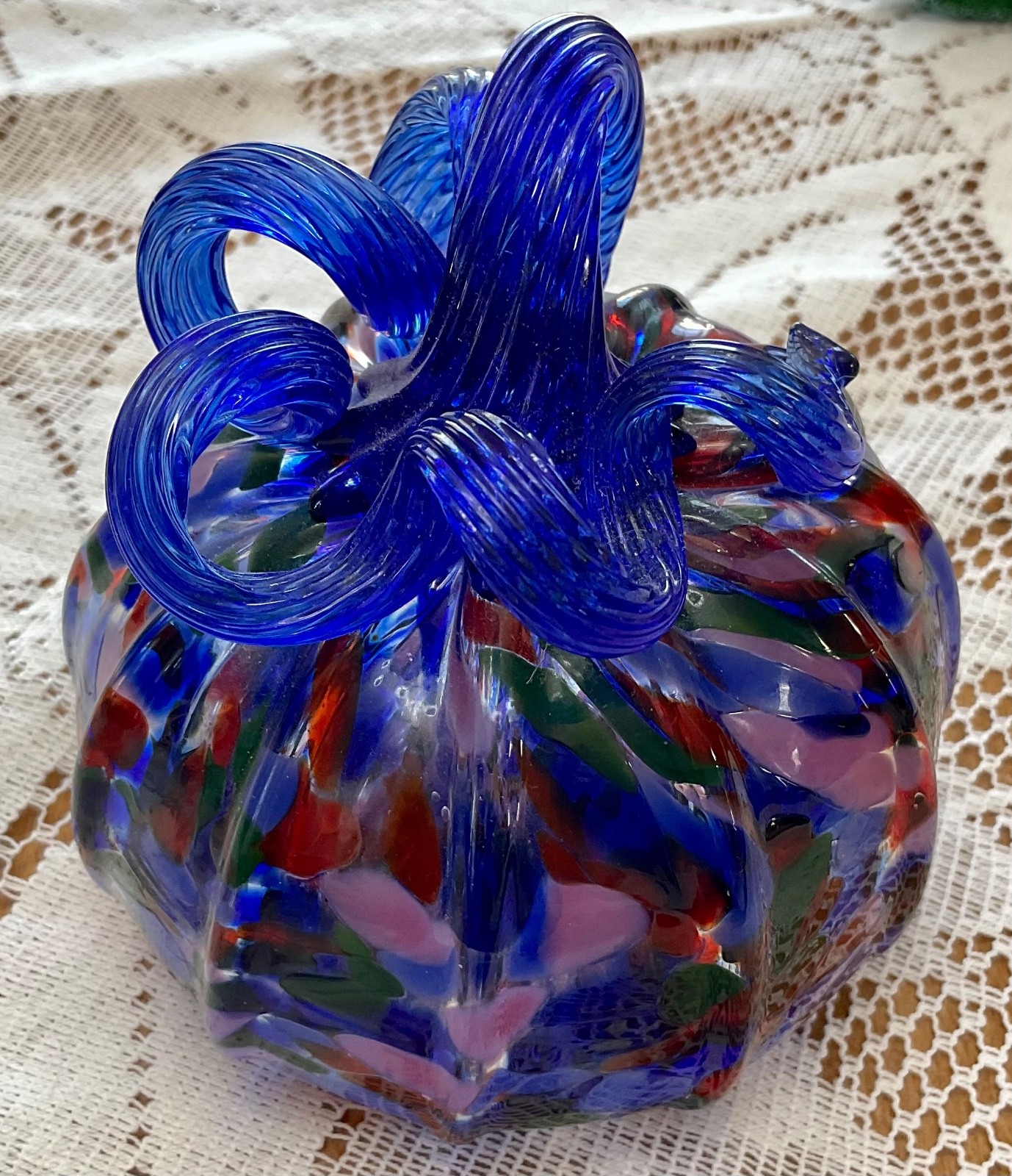 Cobalt Blue Hand Blown Art Glass Multicolored Confetti Spotted Pumpkin