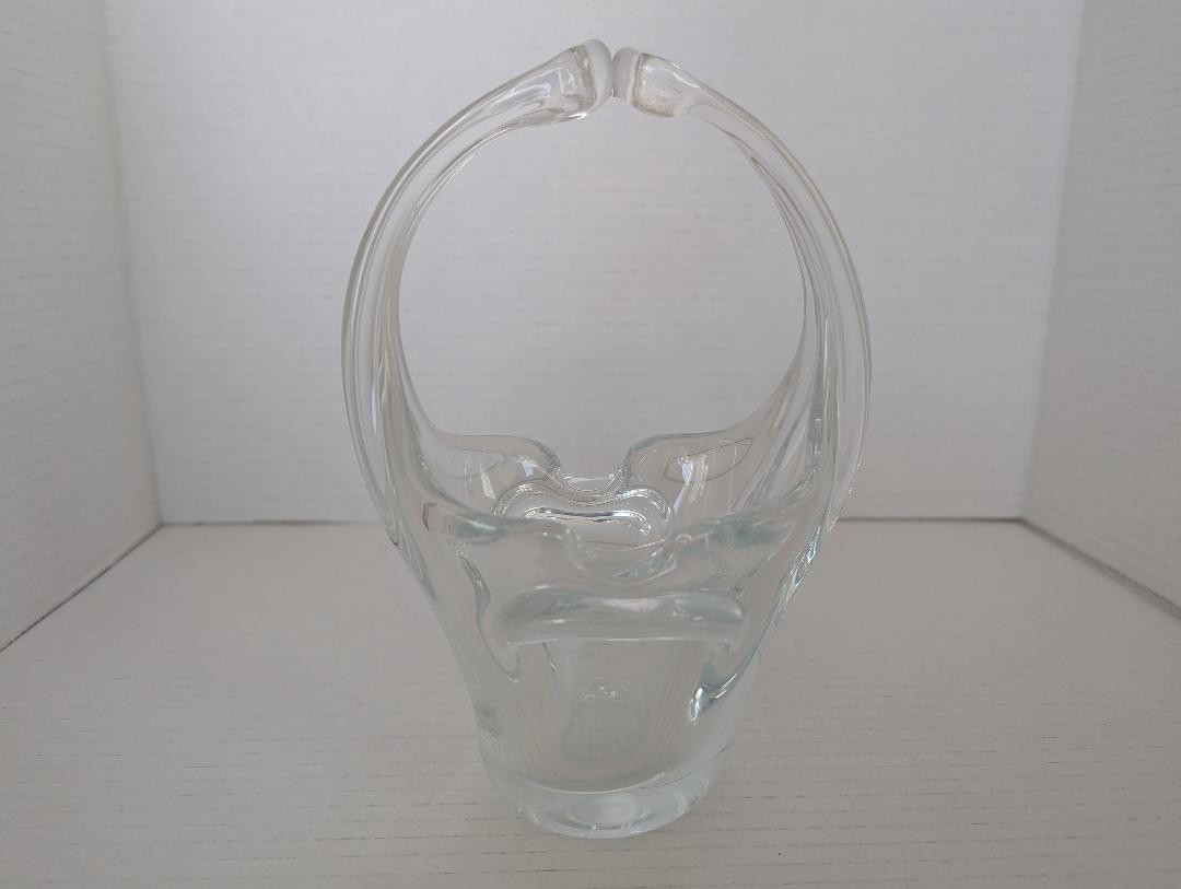 Vintage Clear Art Glass Basket With Dual Open Handles Candy Dish Ashtray