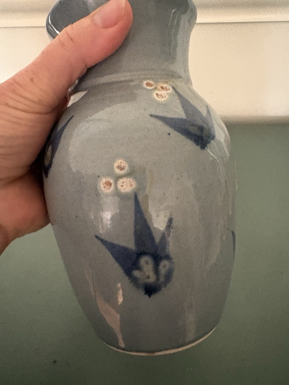 Vintage Glazed Hand-Painted Signed Blue Potter Vase 7″ x 4″