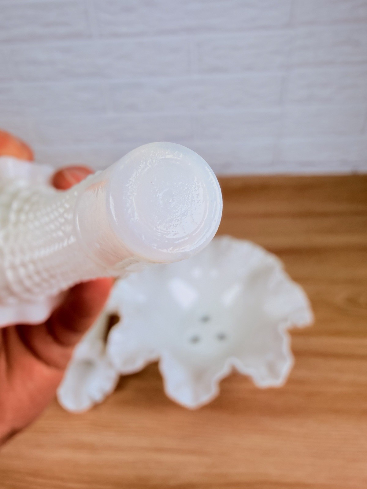 Vintage Fenton Hobnail White Milk Glass 3 Horn Epergne Vase Ruffled Bowl