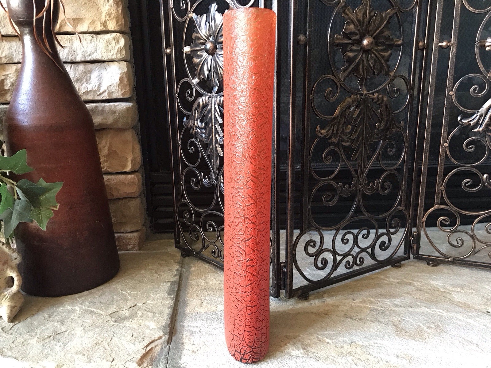 Vintage Orange Glass Vase Large Heavy Rare Amber And Red Textured Crackle Finish