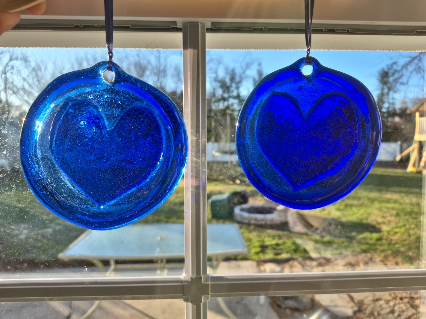 2 Blue Heart Suncatcher Medallion Pressed Art Glass 4″ Vintage Rare Unique Gift