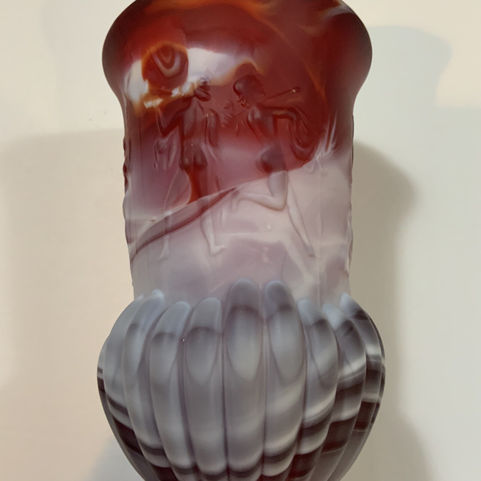 Vintage Imperial Slag Glass Red White Vase Square Base 8 1/2 in Tall READ
