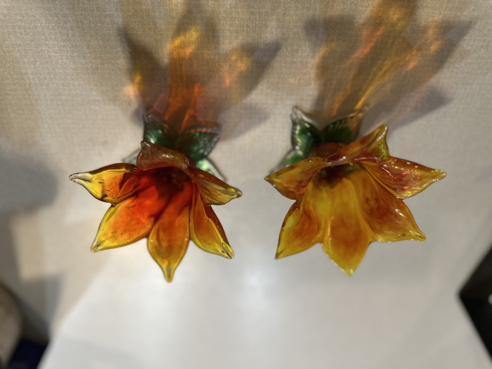 Glossy Glass Figurine Yellow Orange Green Flower Petals Floral Decorative