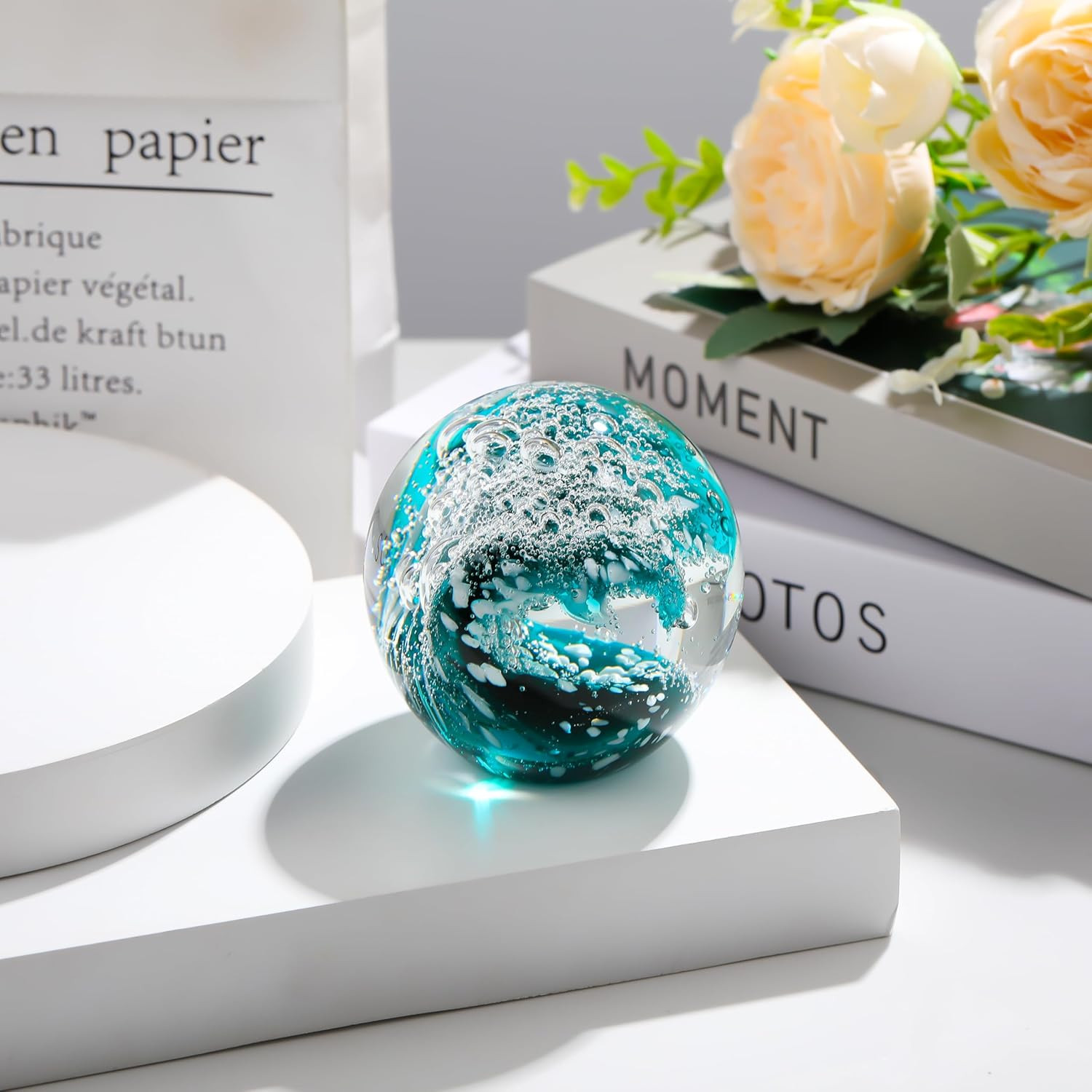 Qianwei Hand Blown Ocean Waves Crystal Ball – Glass Collectible Figurines Spere