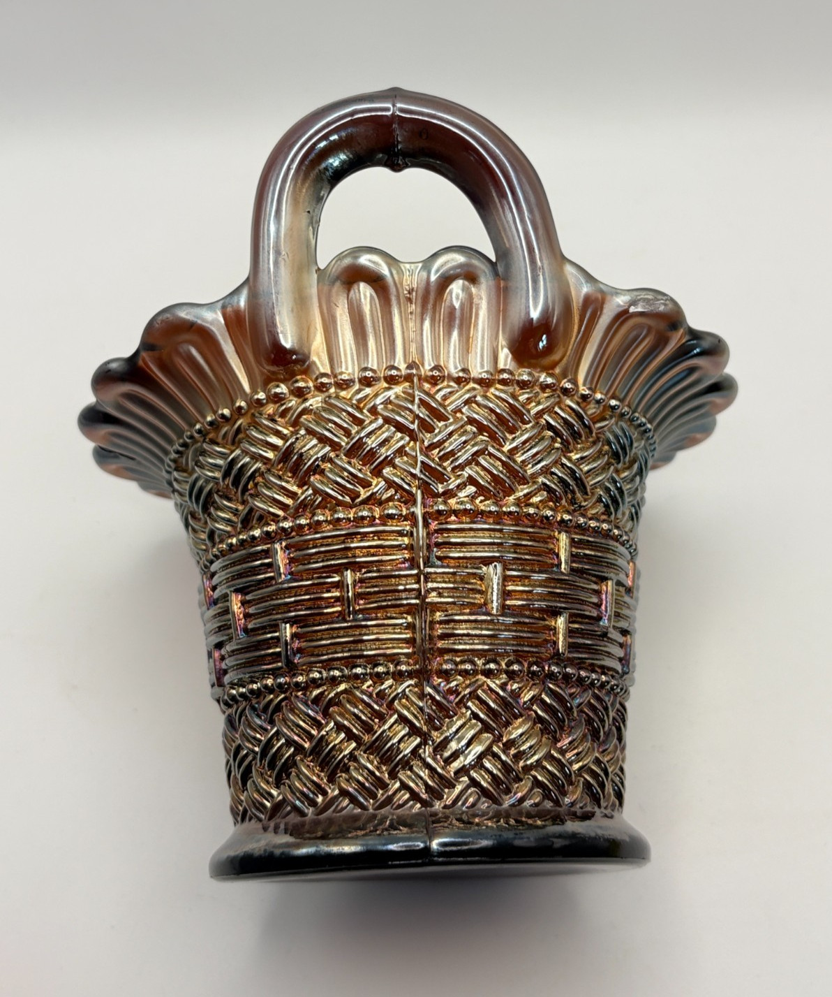 Antique Dugan Glass Burnt Orange Carnival Glass Basket 13cm Tall