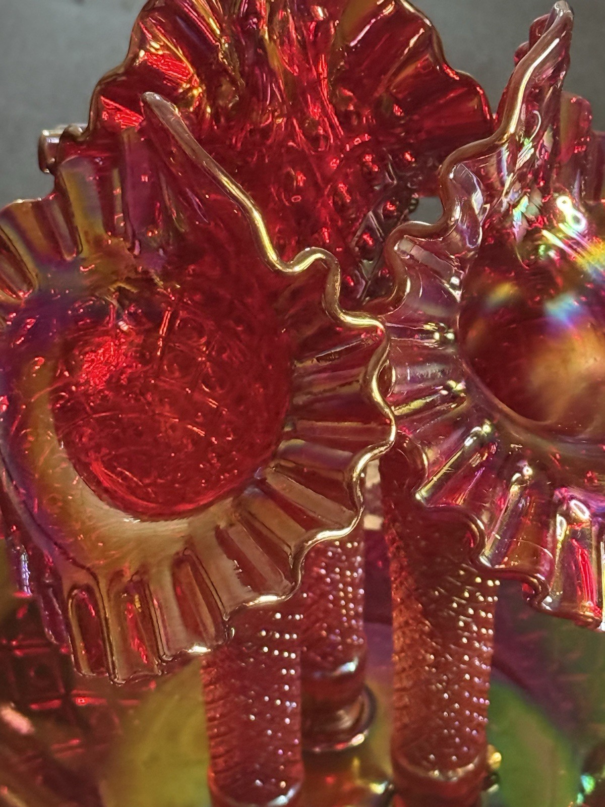 Fenton Art Glass Red Carnival Iridescent Diamond Lace 3 Horn Epergne Collectible
