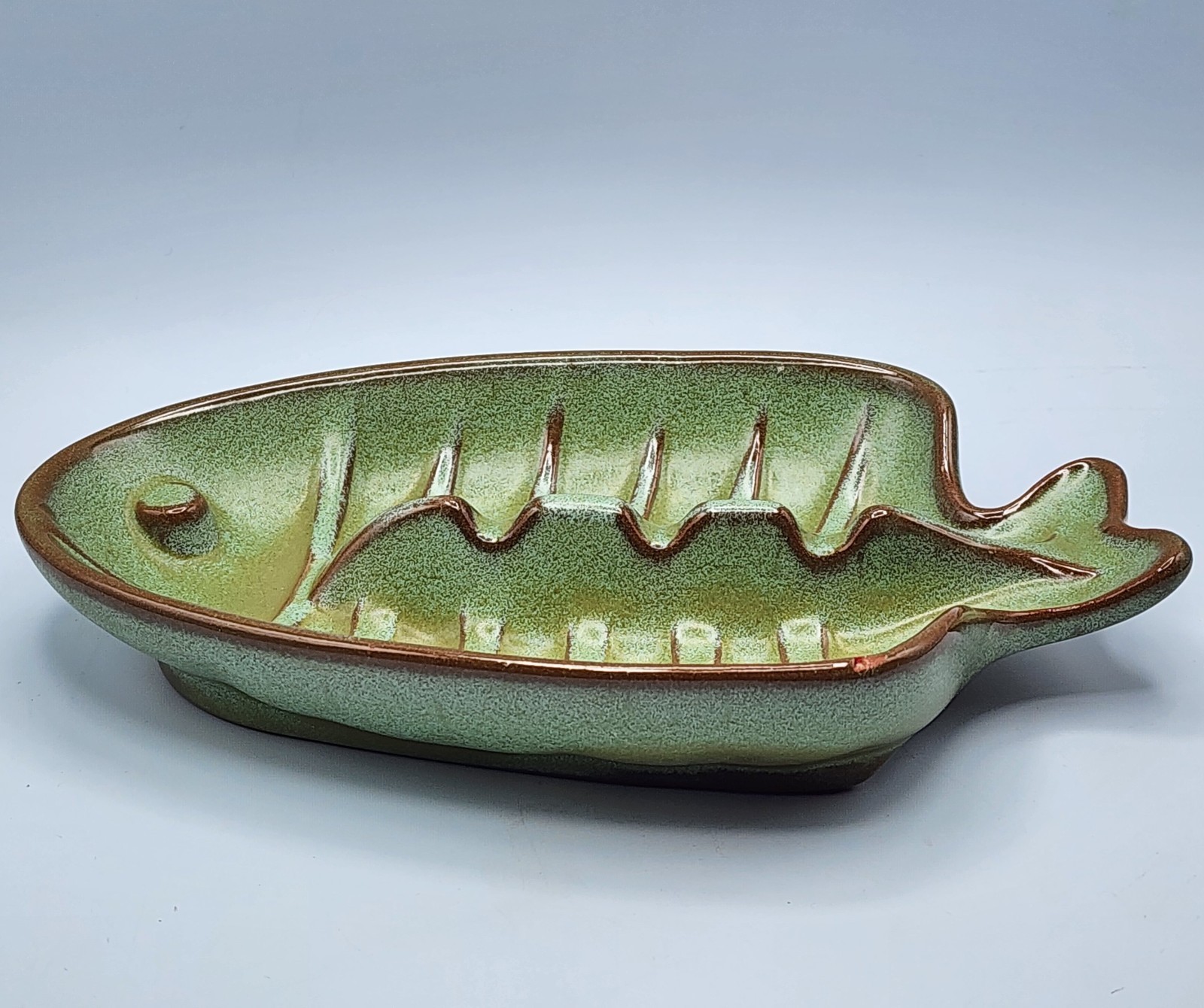 Mid-Century Frankoma T8 Fish Green Brown Pottery Ashtray 7 Inches Small Chip