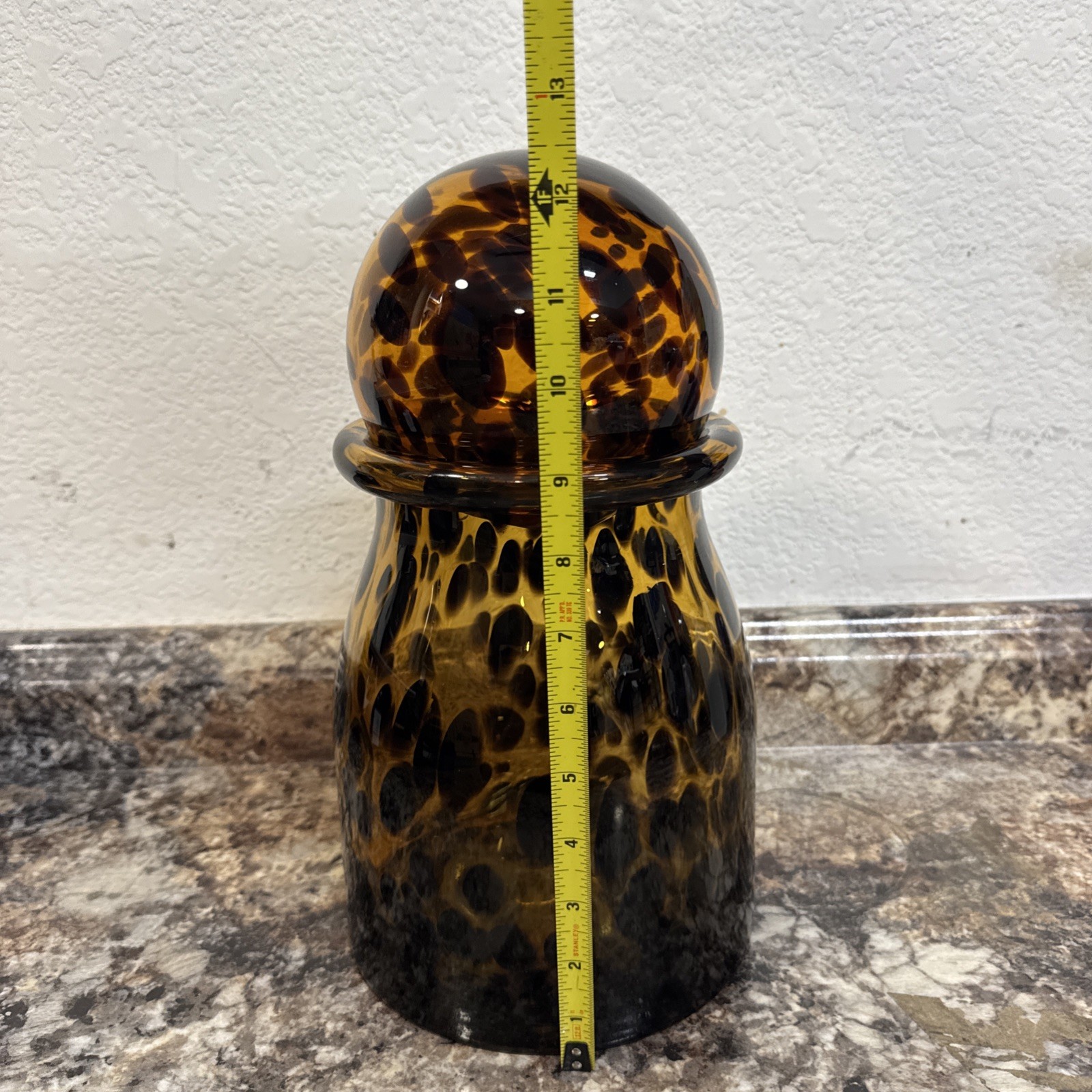 Vintage Amber Tortoise Spotted Art Glass Vase – Hand-Blown MCM Round Topper 12.5