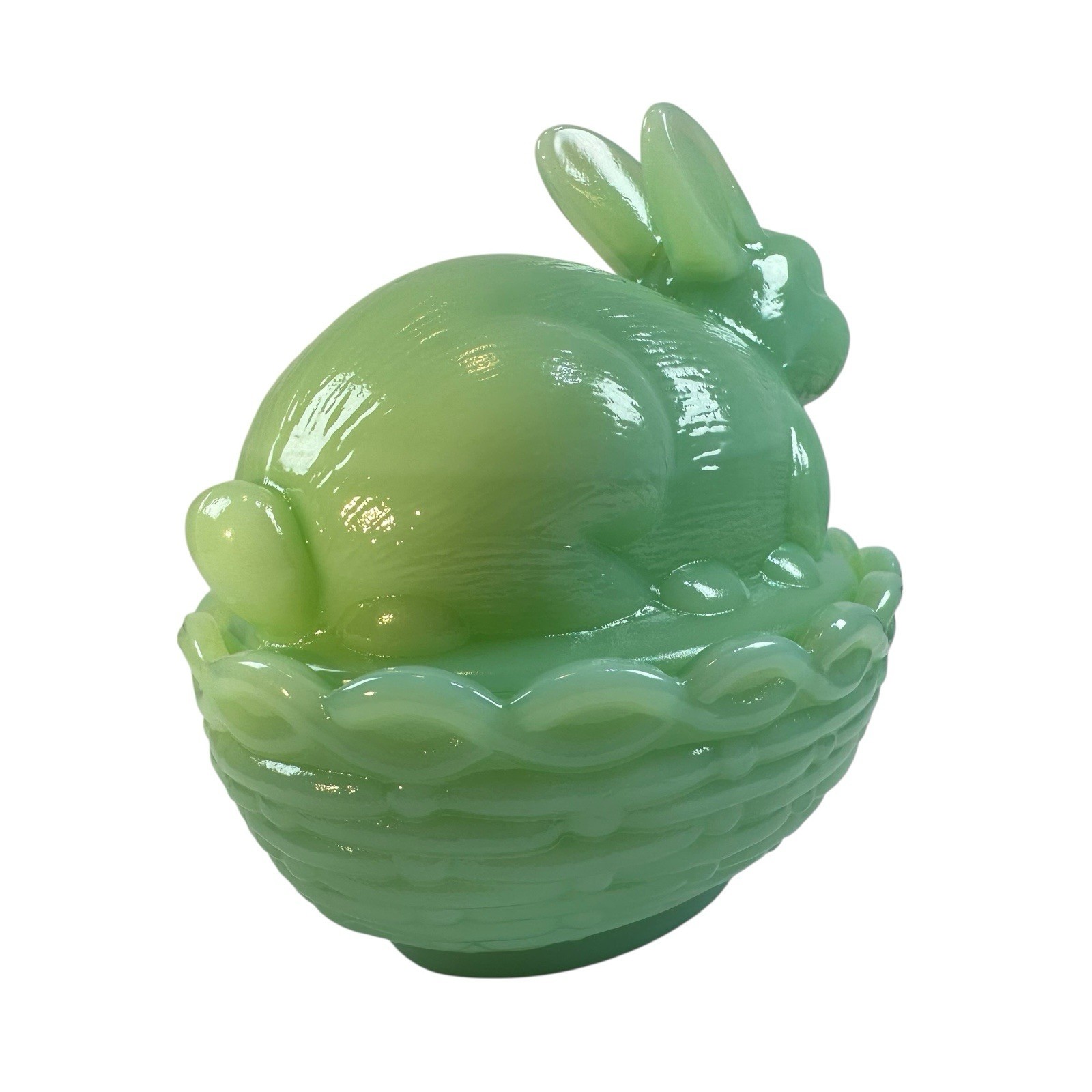 Mosser Milk Glass Bunny Rabbit On A Basket Nest Jadeite Green Covered Dish USA
