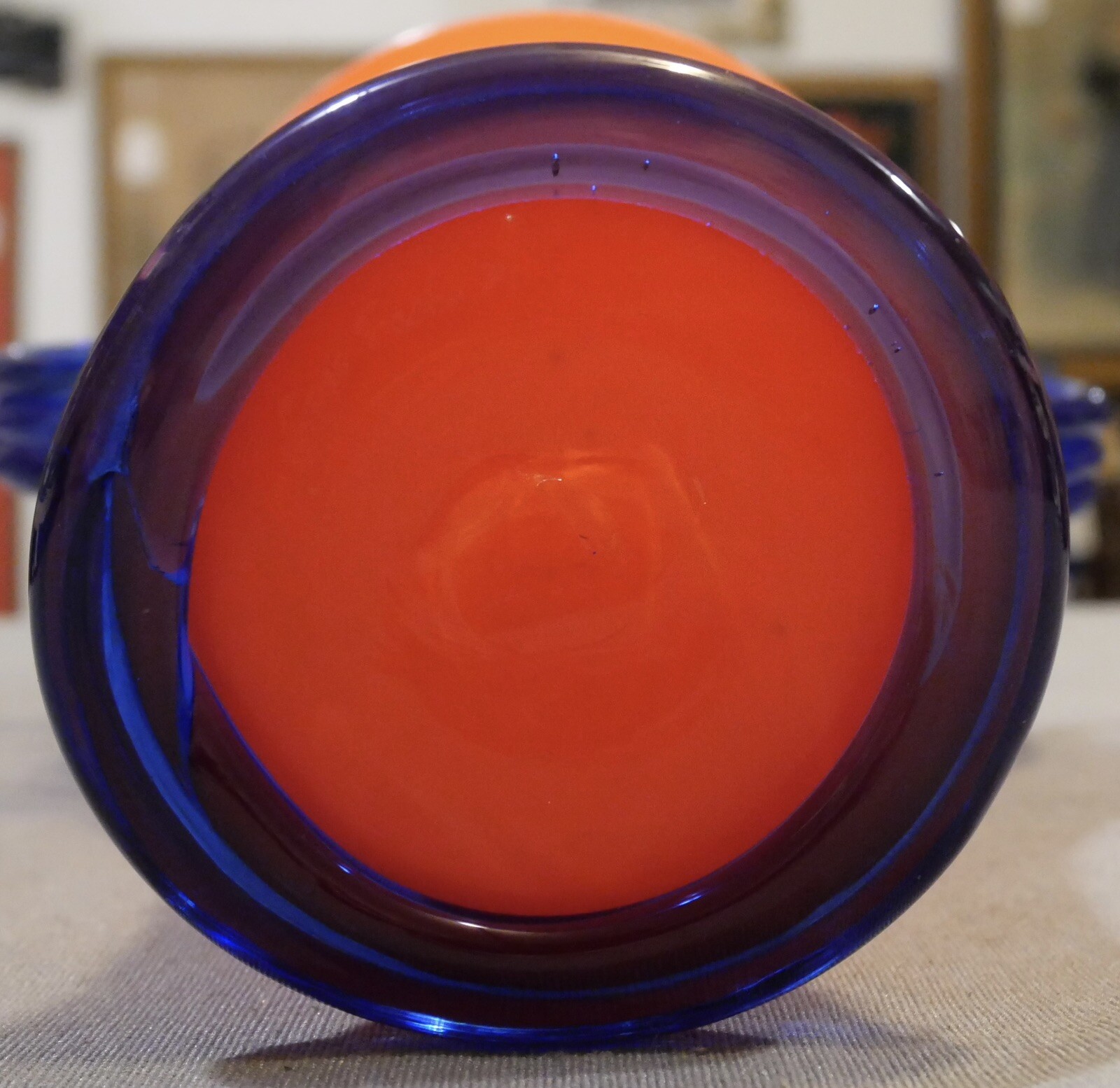 2001 Ipso Facto Art Glass Vase – Contemporary Double-Handled Orange/Blue