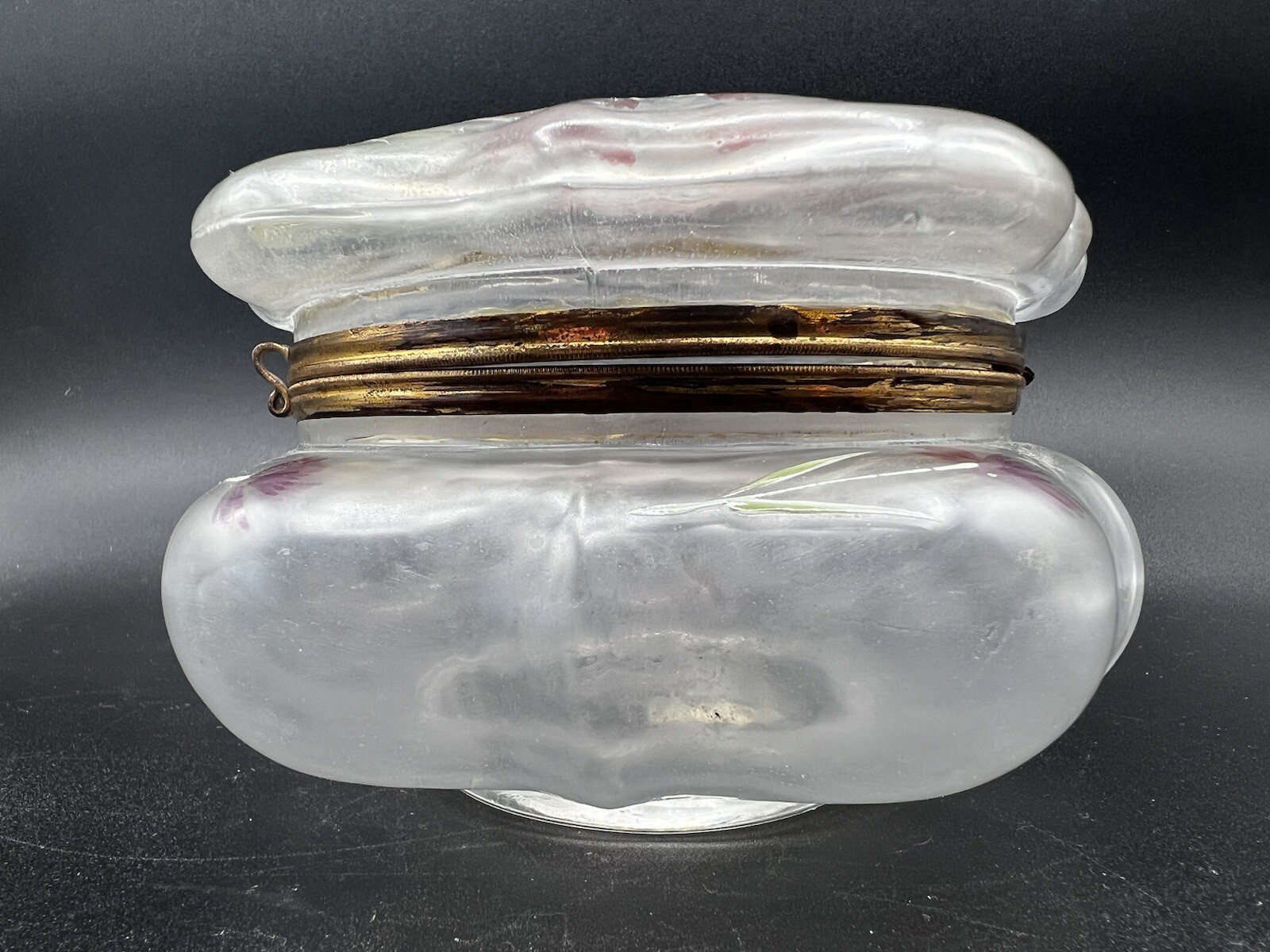 Bohemian Moser Irridescnet Hinged Dresser Box-Clear Frosted-Enamel Floral Design