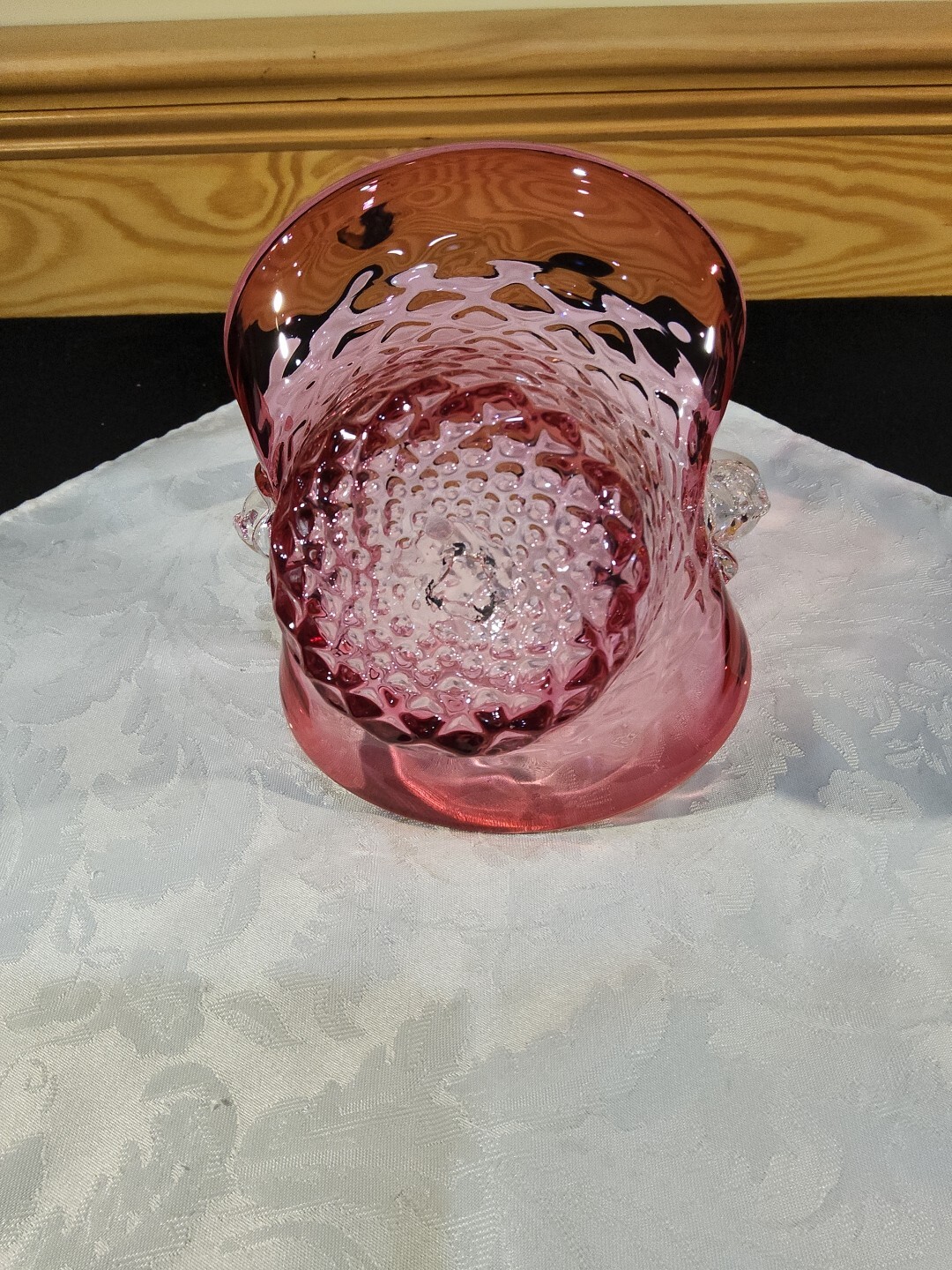 Art Glass Cranberry Bridal Basket Weave Rope Handle Quilted Riekes Chalet Canada