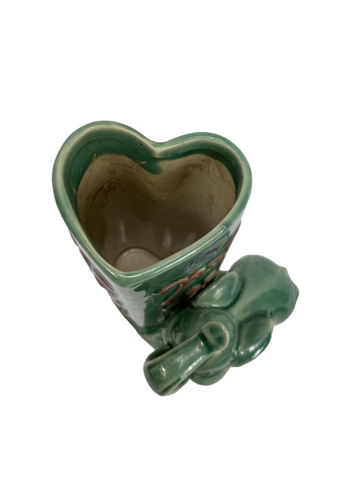 Vintage Art Pottery Shiny Glazed Heart Shape Green Bamboo Planter With Elephant