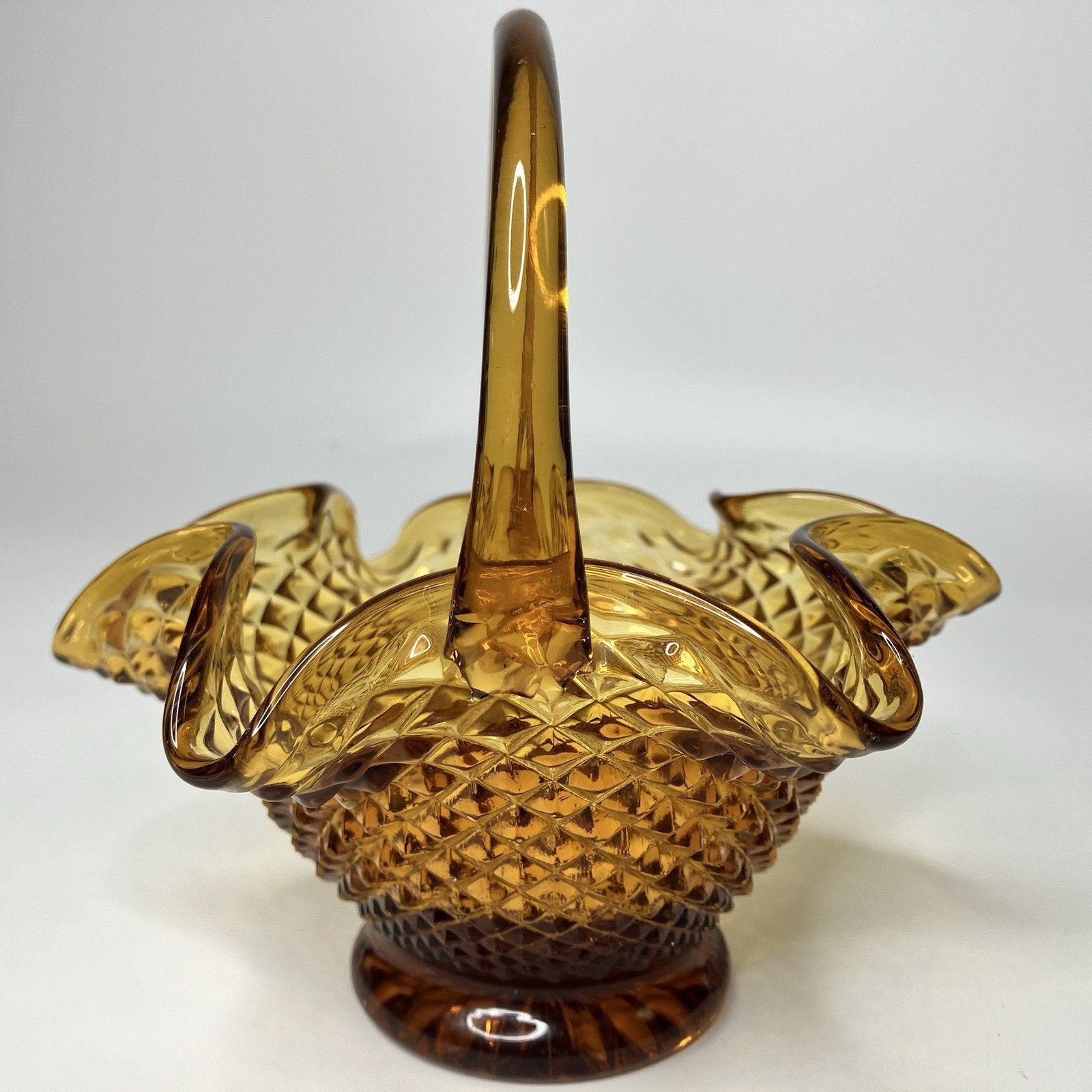 Vtg Amber Indiana Art Glass Basket Diamond Point Applied Handle Approx 6″ tall