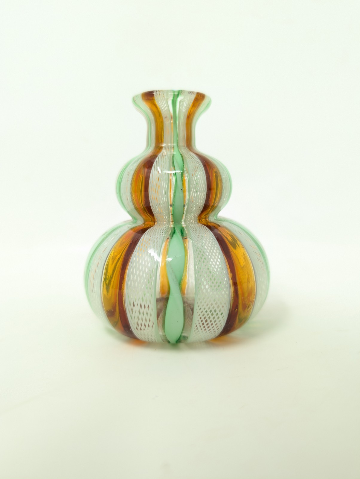 NEAR MINT! 3½” Murano ZANFIRICO Double Gourd Bud Vase White Green VINTAGE Glass