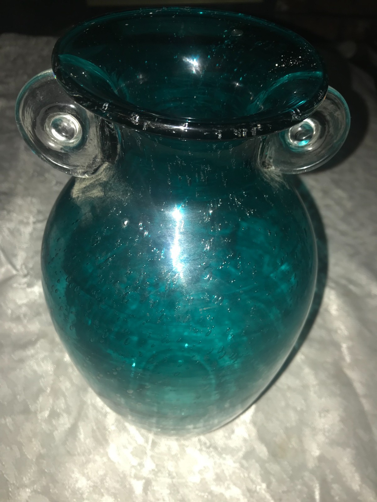 RARE Vintage ORECCHIO Teal BLUE Double Ear HANDLE Bubble STUDIO ART Glass VASE