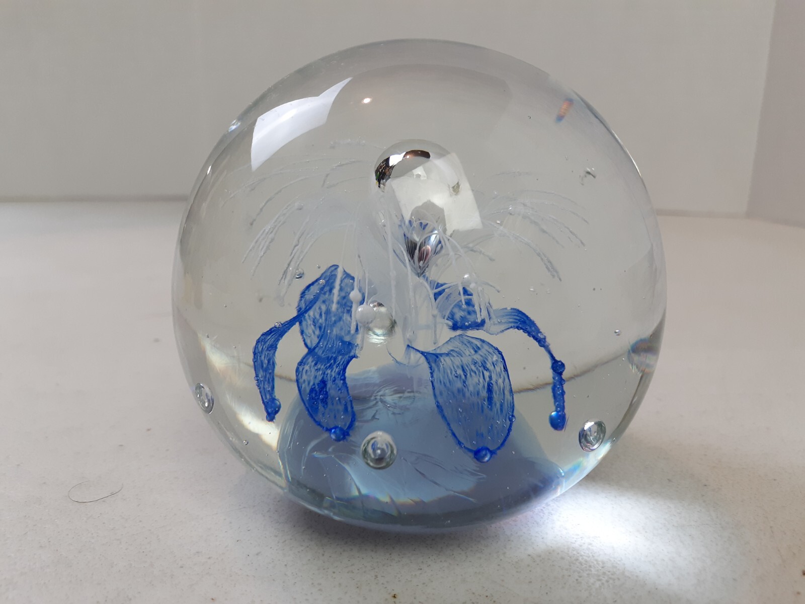 Vintage Art Glass Hand Blown Paperweight Blue & White Flower Controlled Bubbles