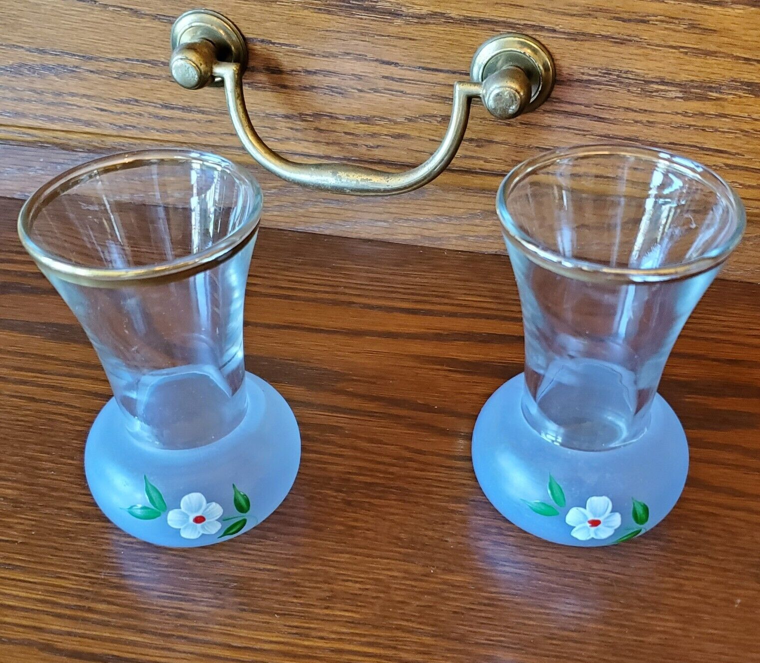 VASES GOLD RIM Hand Painted Vintage 1970s Glass OOAK 4 inches Tall by 2.5 Wide