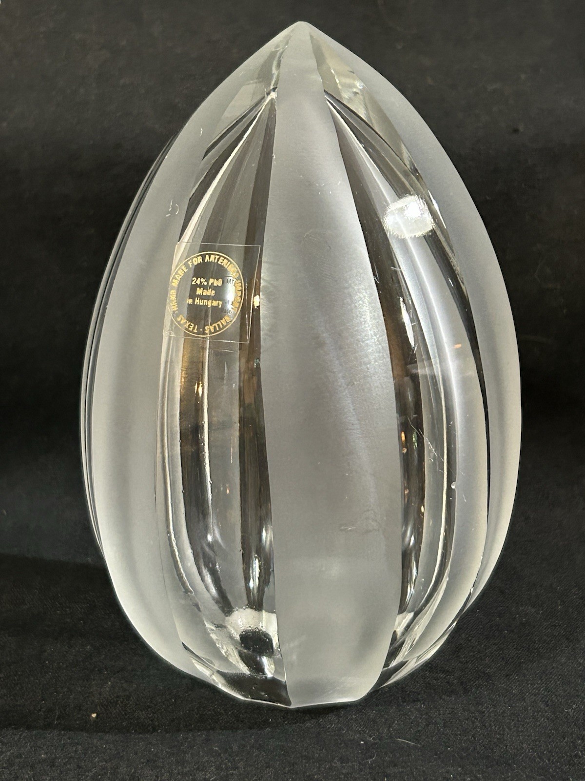 VTG Egg Shaped Glass Paperweight With Vertical Panels Of Clear And Satin Finish