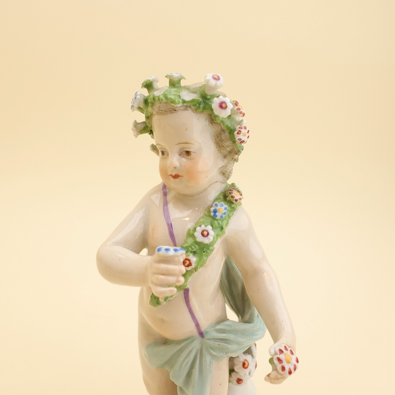 Georgian Pair Bow or Derby Style Porcelain Putti Figures Flower Wreaths & Crowns