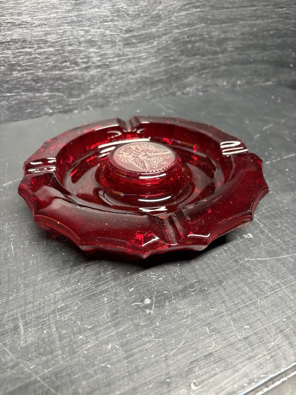 A Beautiful Vintage Ruby Red Fostoria 7.25” Glass Ashtray 1887 Coin Dot Design.