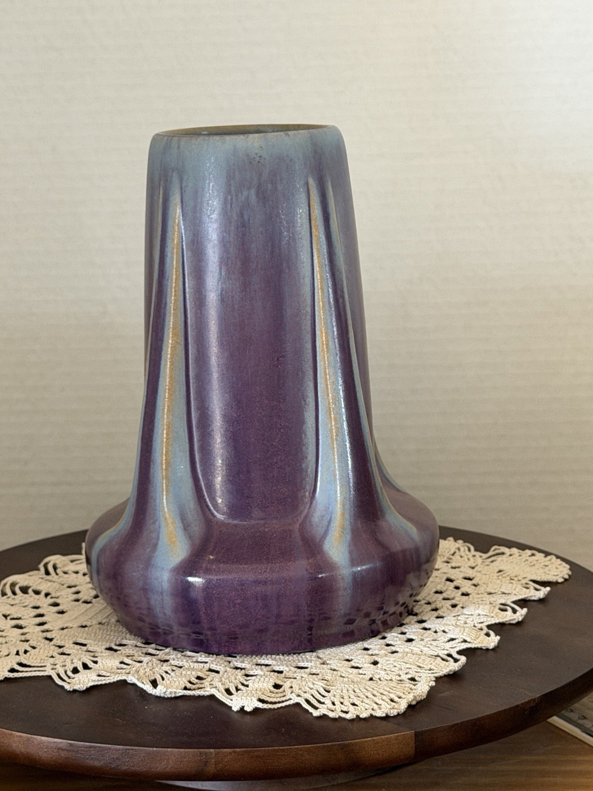 Fulper Arts And Crafts Pottery Purple Flambe Glaze Four Buttressed Vase 47
