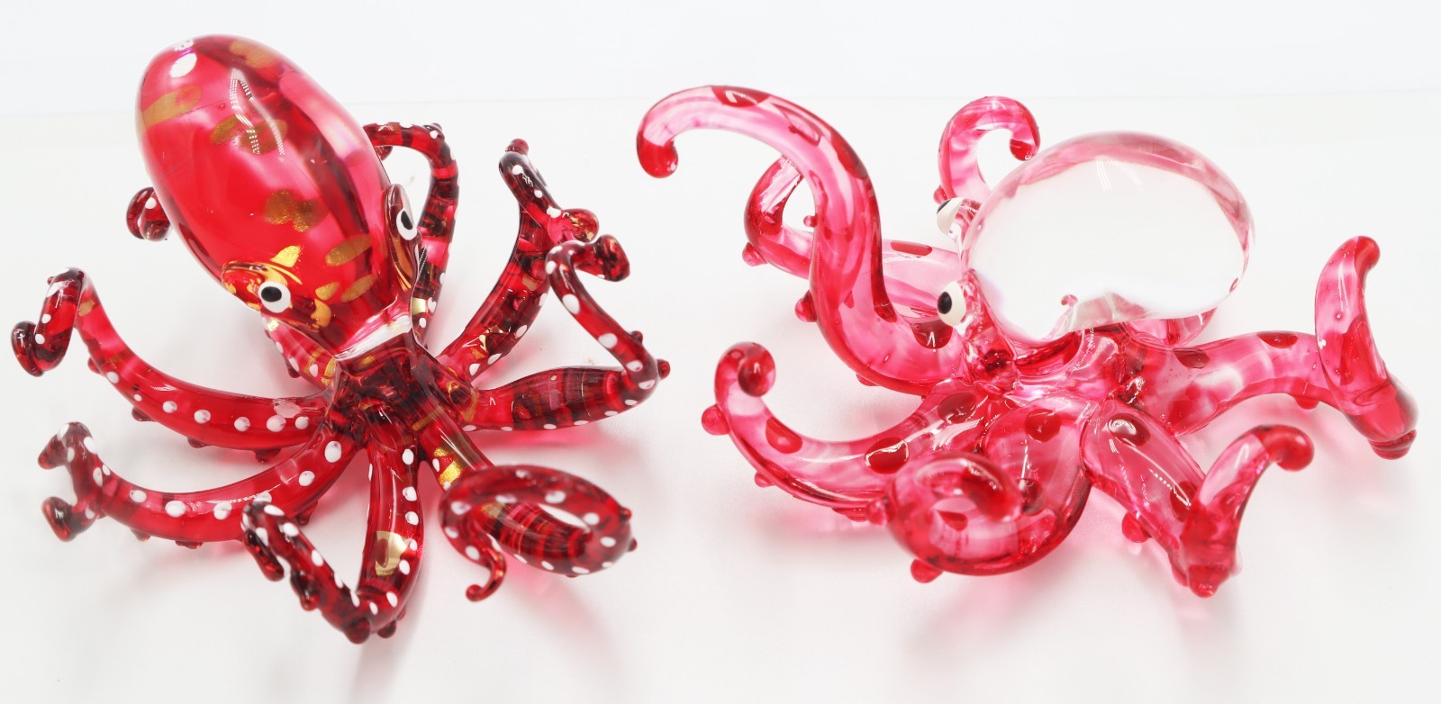Hand Blown Glass Pink Painted Sea Octopus Set of 2 Mini Figurines 2 inch Decor