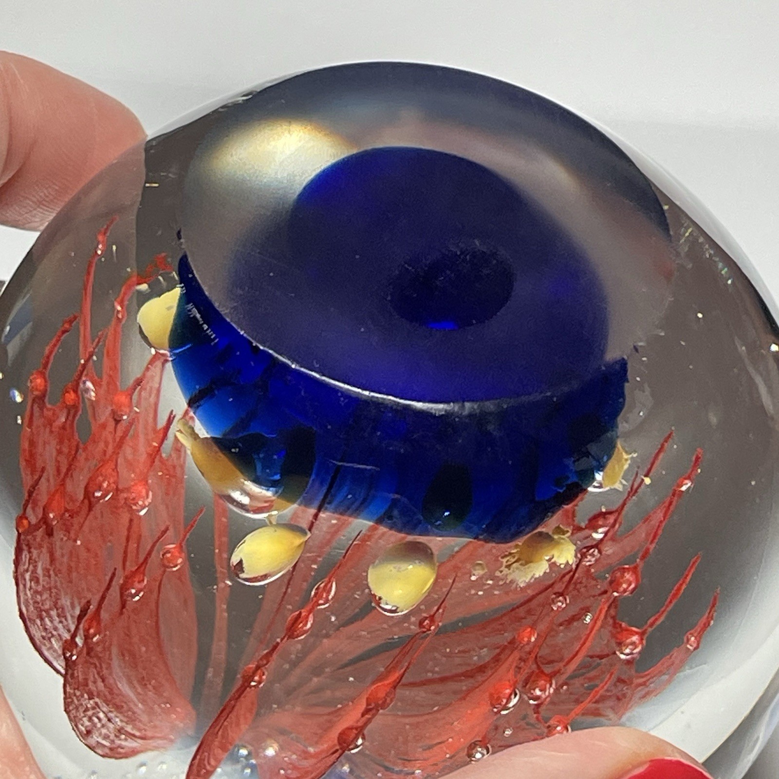 Large Fireworks Paperweight Cobalt Blue Ground Red Yellow Blue Heavy