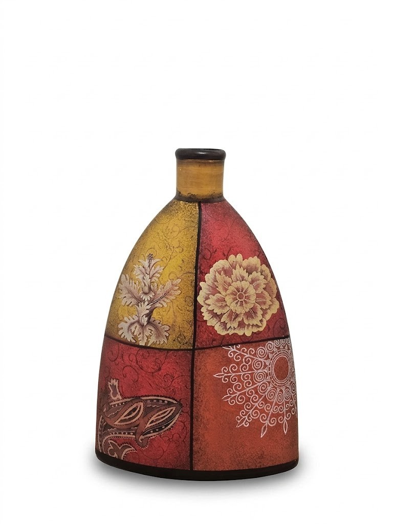 Vintage Ceramic Vase Floral & Mandala Patchwork Design Decorative Pottery