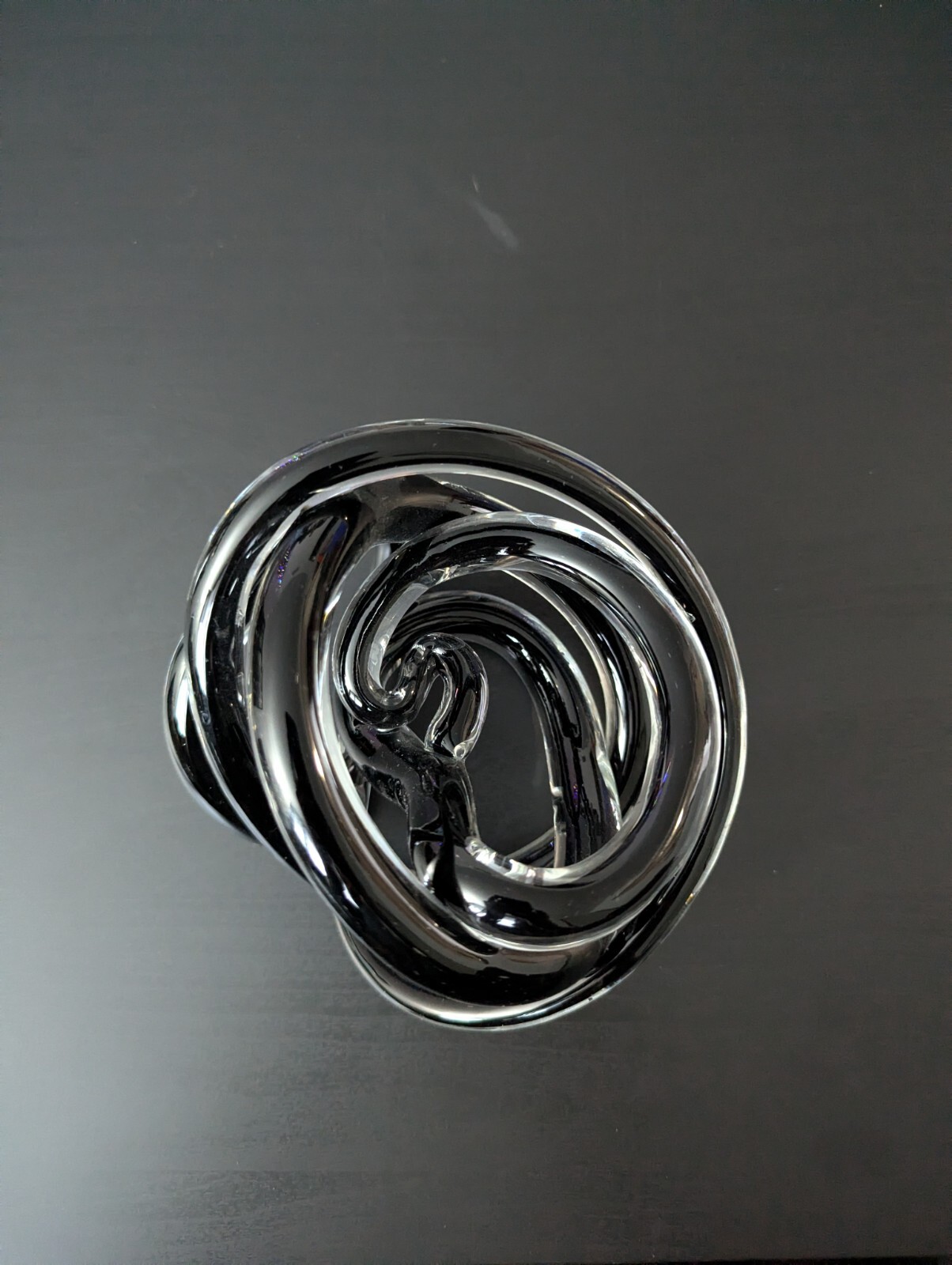 Hand Blown Art Glass Black Twisted Rope Knot Ribbed Paperweight Sculpture