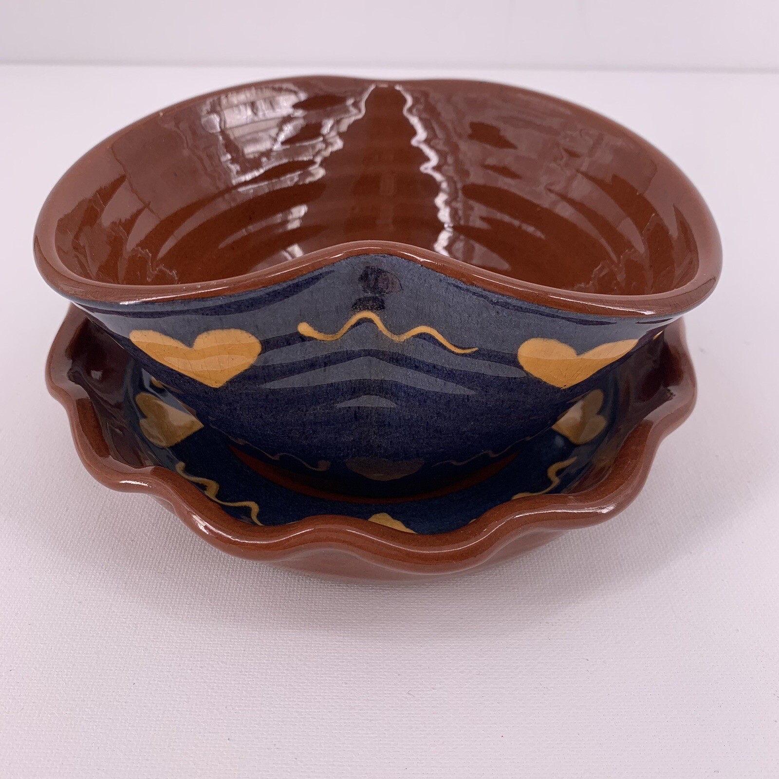 VTG 1986 Turtle Creek Pottery Redware Blue & Red Hearts Bowl and Dish Greg Neal