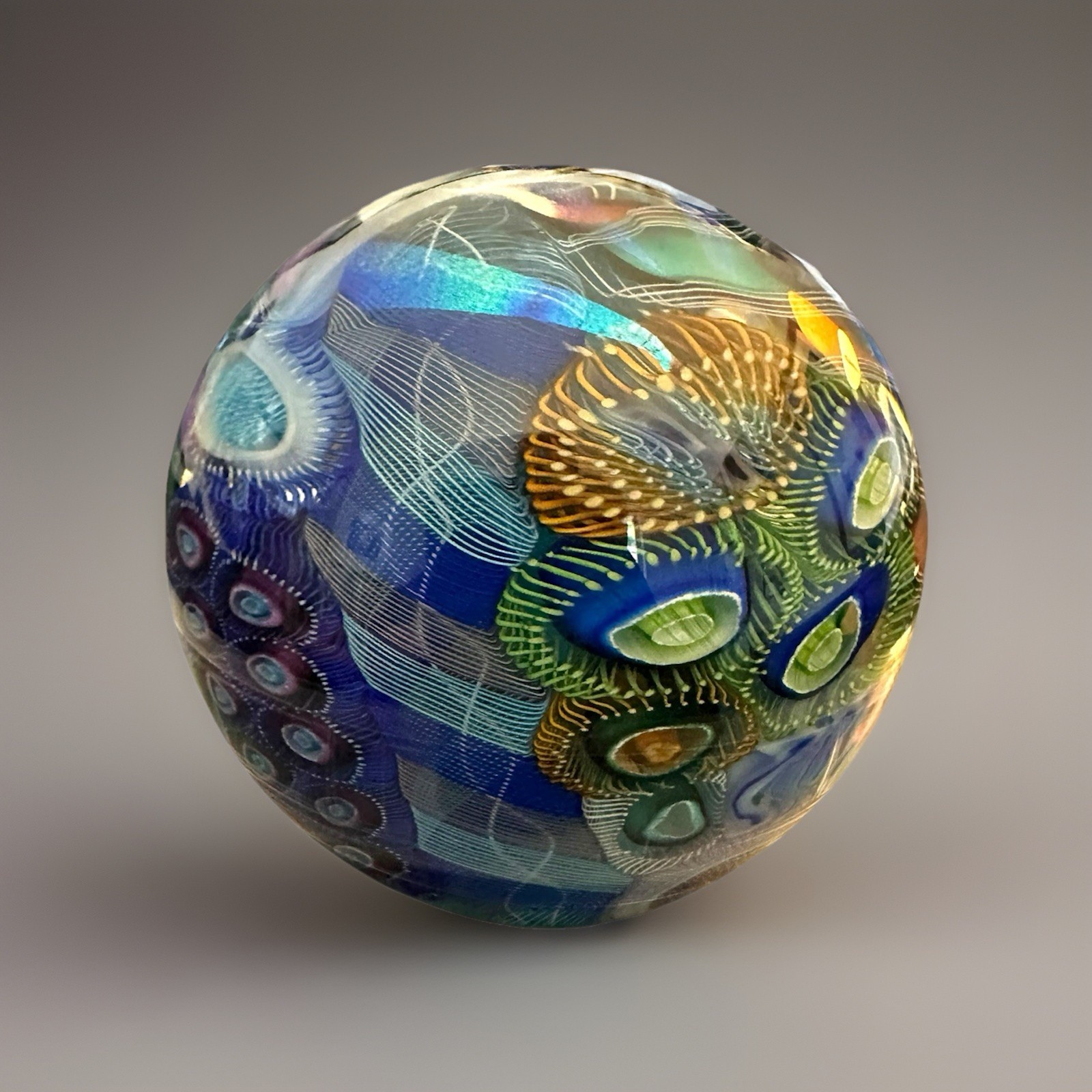 NEW 3” Seascape Inspired Orb Paperweight Signed Art Glass by Scott Garrelts USA