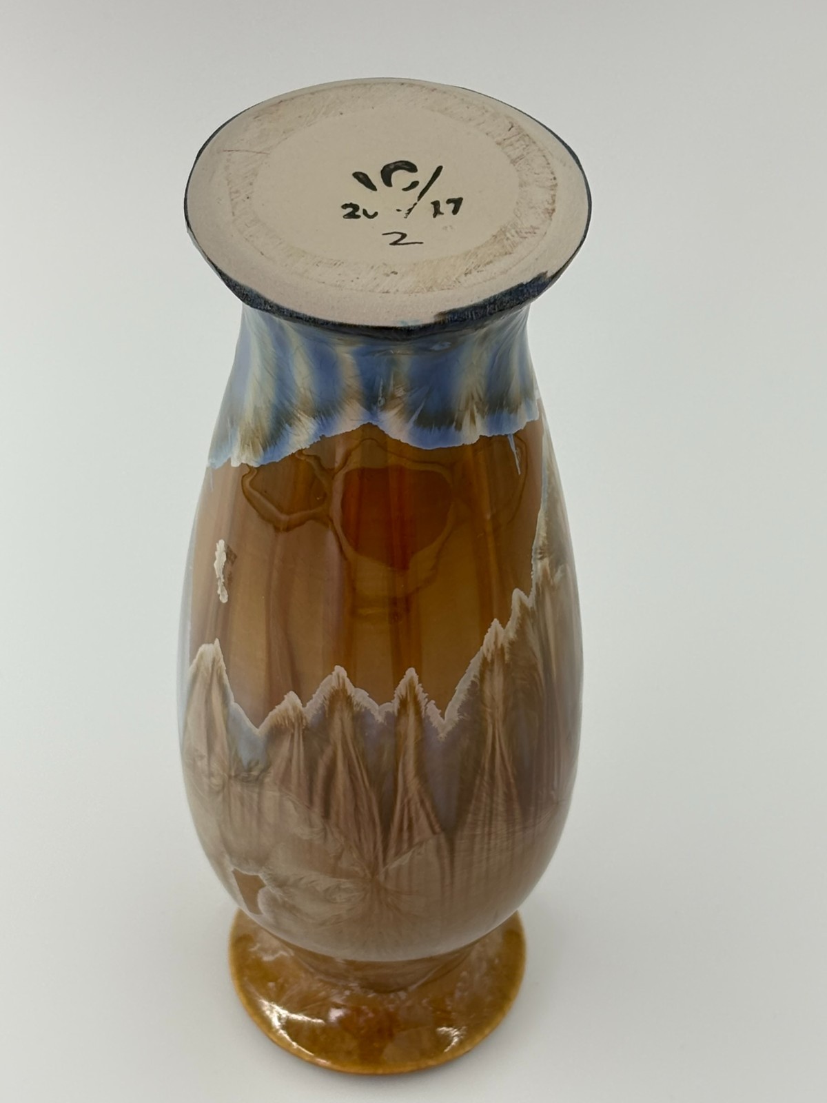 Bill Campbell Studio Pottery Crystalline Vase Signed 2017 Cobalt Blue Amber 7.5″