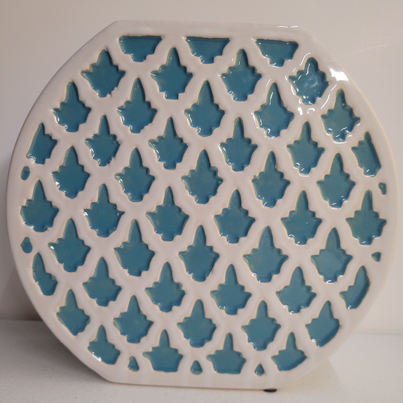 Teal Blue And White Ceramic Vase Textured Pattern Glossy Decorative 10.5″x10″
