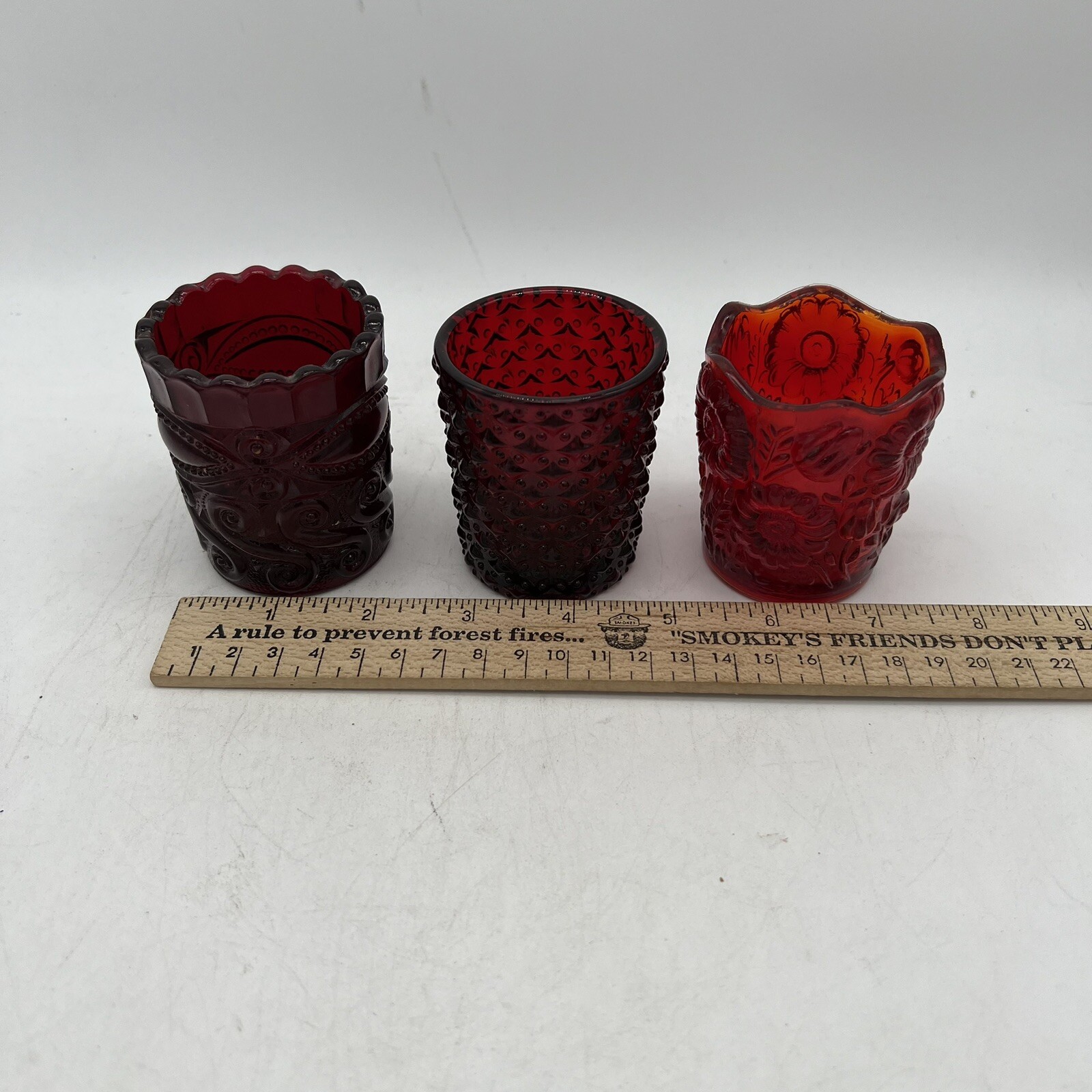 Vintage Amberina Cadmium Glass GLOW Three Toothpick/Candle Holders Eye Winker