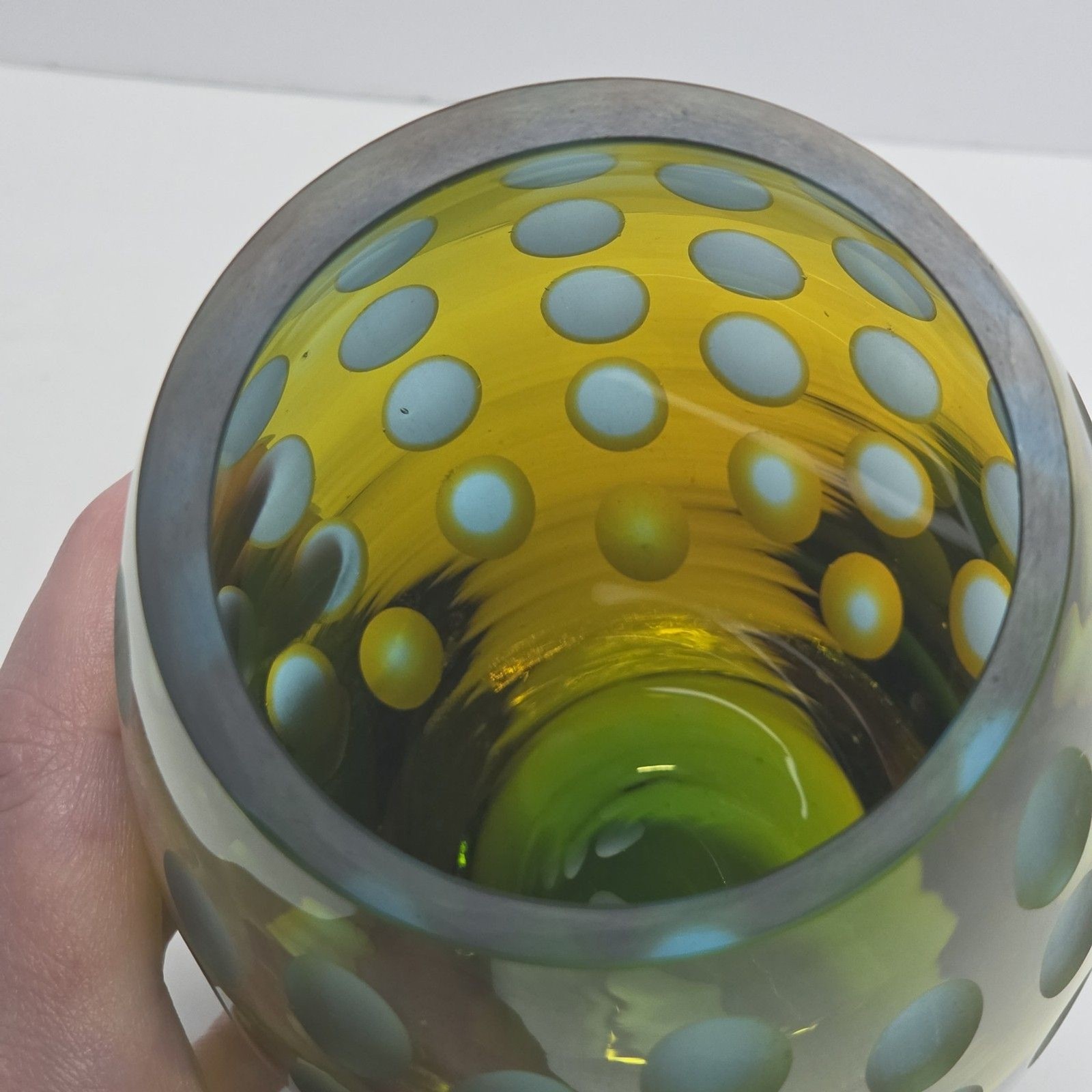 Vintage MCM Abstract Art Glass Vase Green & Amber Frosted Thumbprint