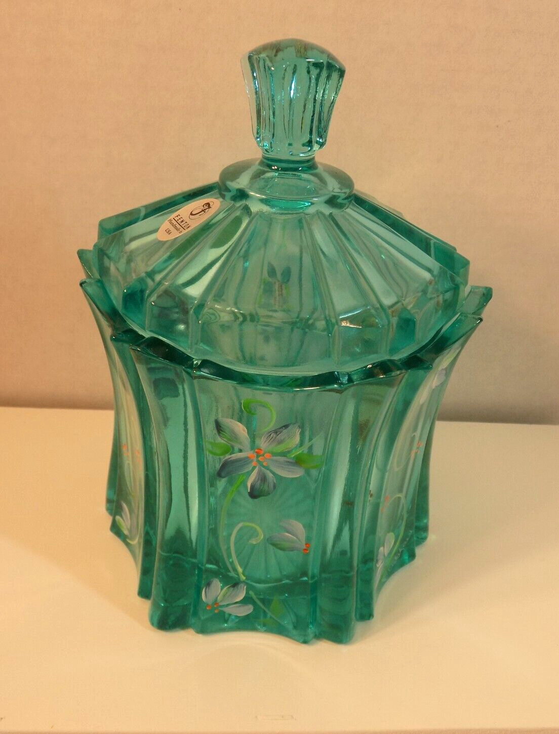FENTON Vulcan Candy Box Jar w Lid Robins Egg Blue GLASS HP Floral Artist Signed