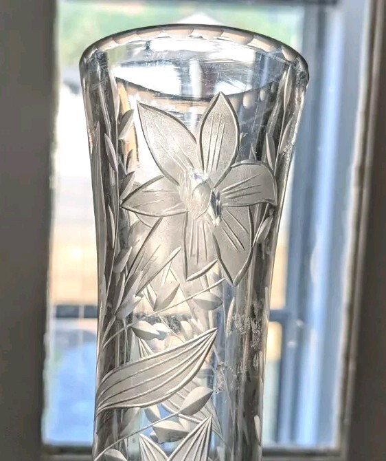 Antique c 1900 American Brilliant Cut Glass Wheel Cut Corset Shaped Vase 12 1/8″