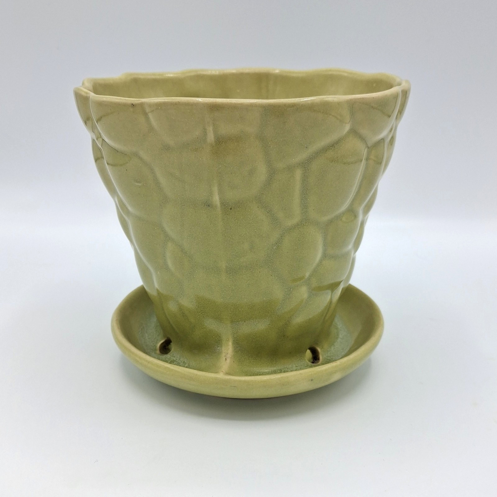 Vintage Brush Pottery Green Pebble Planter Flower Pot Attached Saucer 330 5-inch