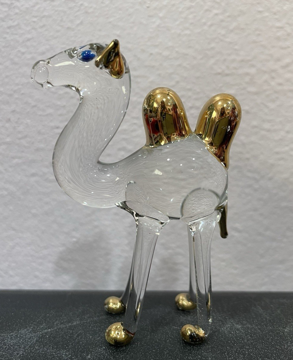 Camel BLOWN GLASS CRYSTAL Gold FIGURINE 3″ 2 Humps BLUE EYES