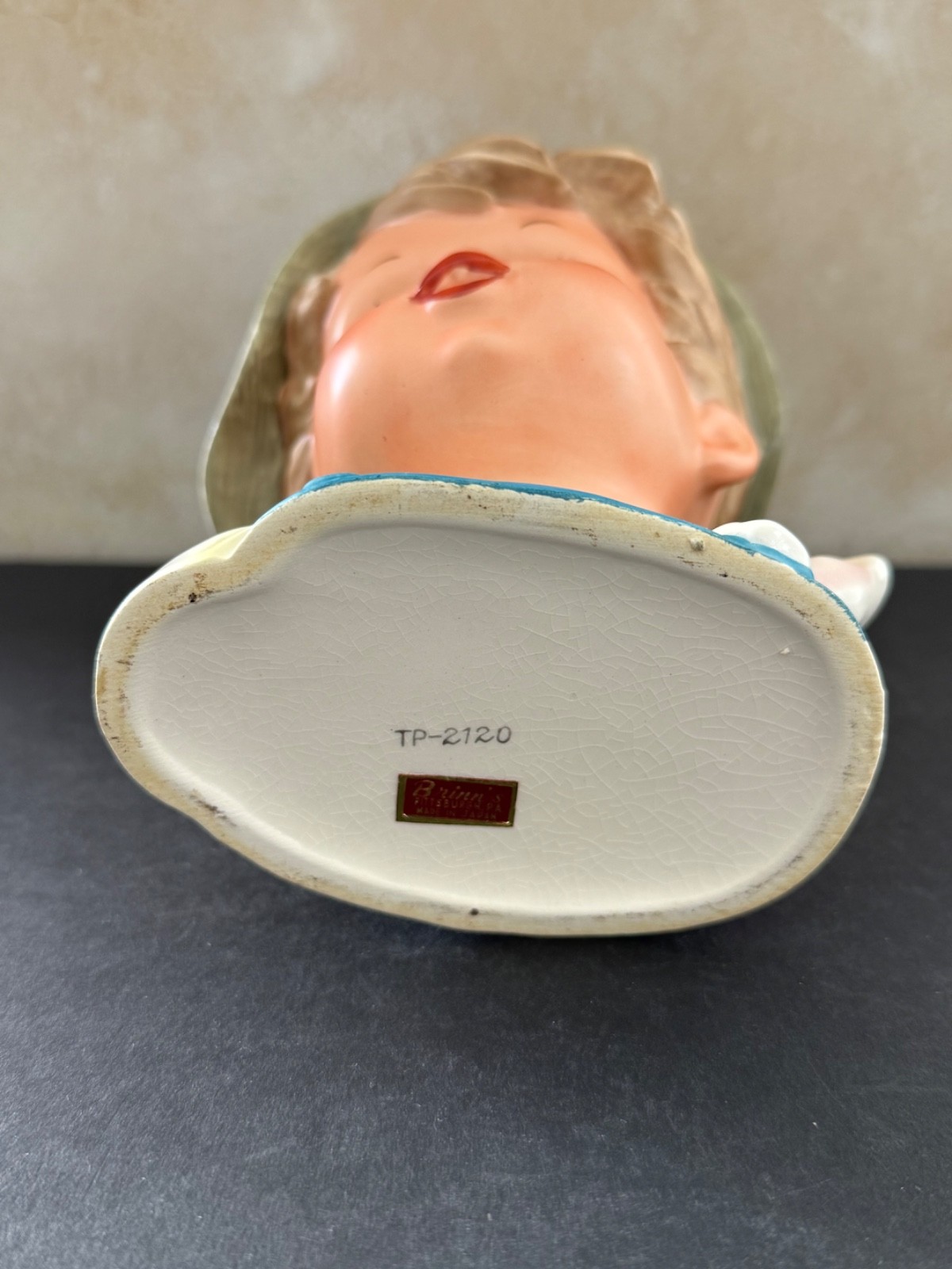 VINTAGE LADY HEAD VASE BRINNS BLONDE YOUNG BOY HAT SCARF 6.5”