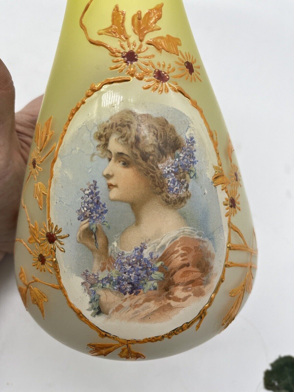 Antique Bohemian or French Glass Portrait Vase Enamel Victorian Flowers